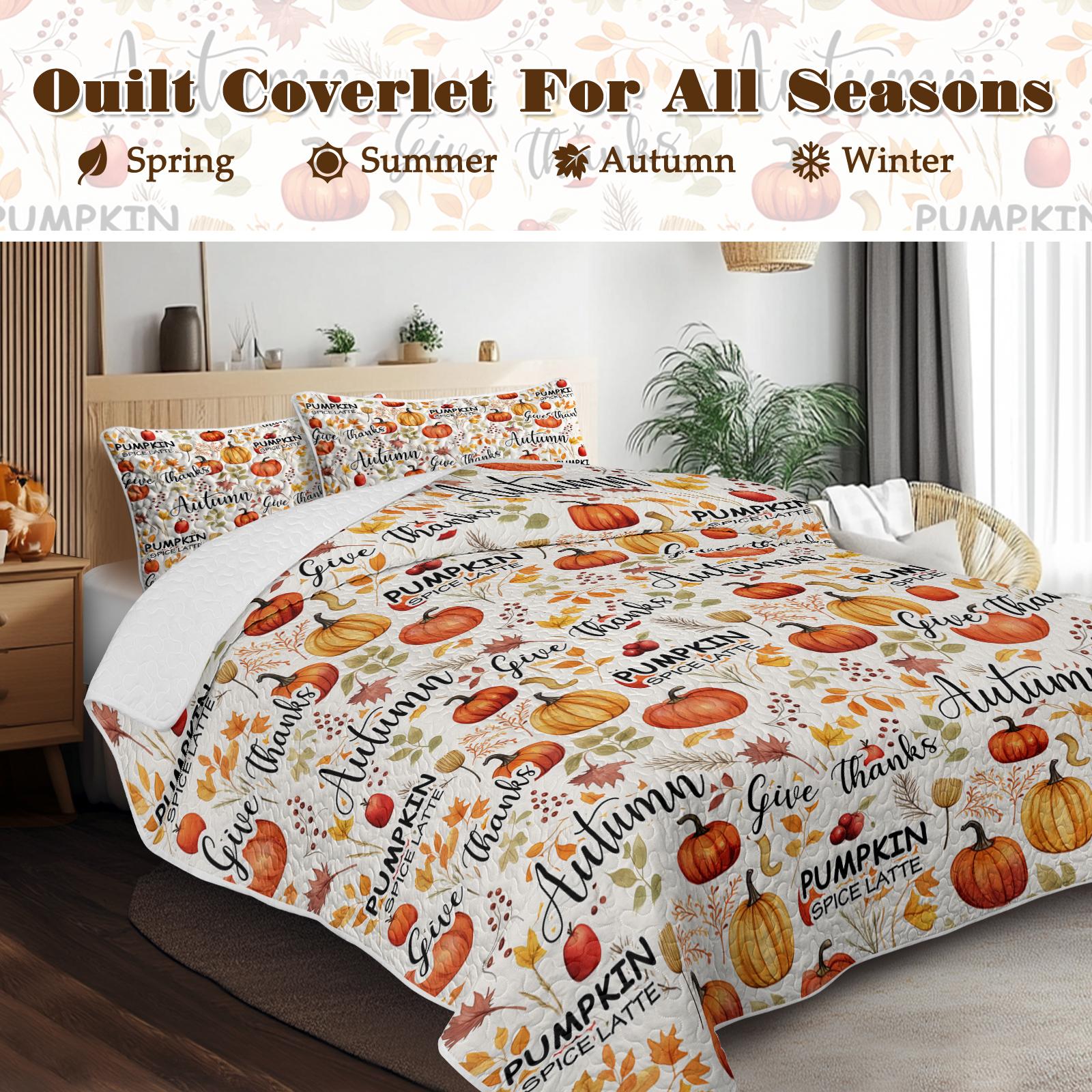 Pumpkin Autumn Leaves Print Quilt Set -1 Quilt, 2 Shams - Image 5