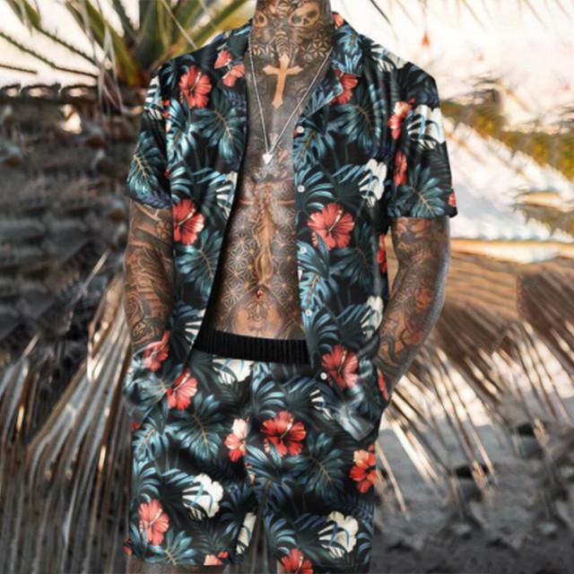 Floral Shirt Beach Two Piece Suit New Fashion Men Sets - Image 3