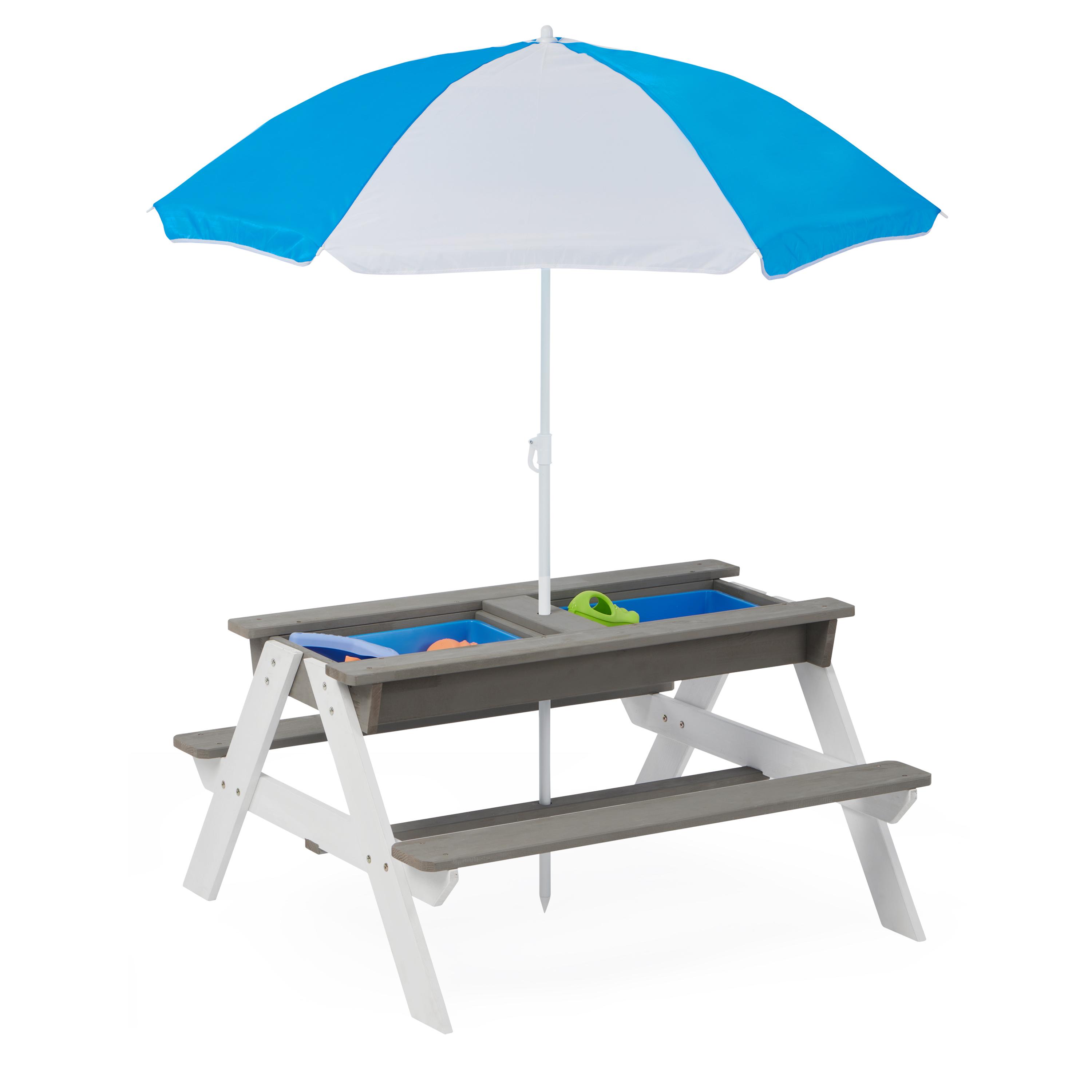 3-in-1 Children's Outdoor Wooden Picnic Table With Umbrella, Convertible Sand And Water, And 7 Plastic Toys - Image 3