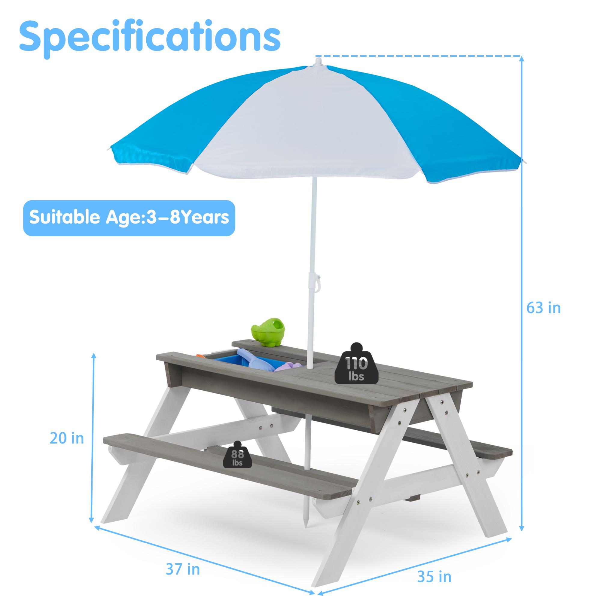 3-in-1 Children's Outdoor Wooden Picnic Table With Umbrella, Convertible Sand And Water, And 7 Plastic Toys - Image 5