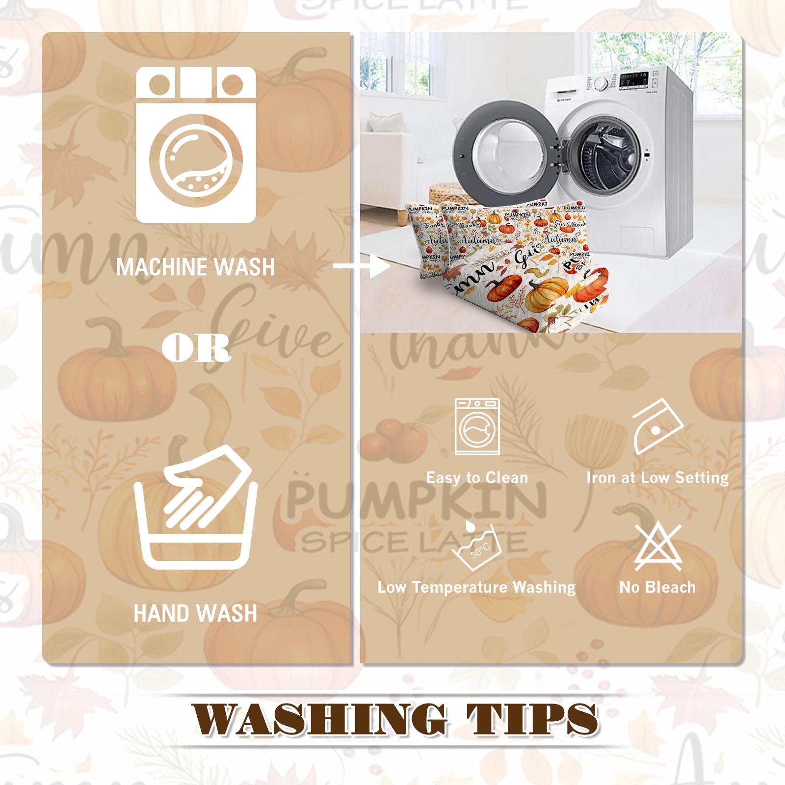 Pumpkin Autumn Leaves Print Quilt Set -1 Quilt, 2 Shams - Image 2