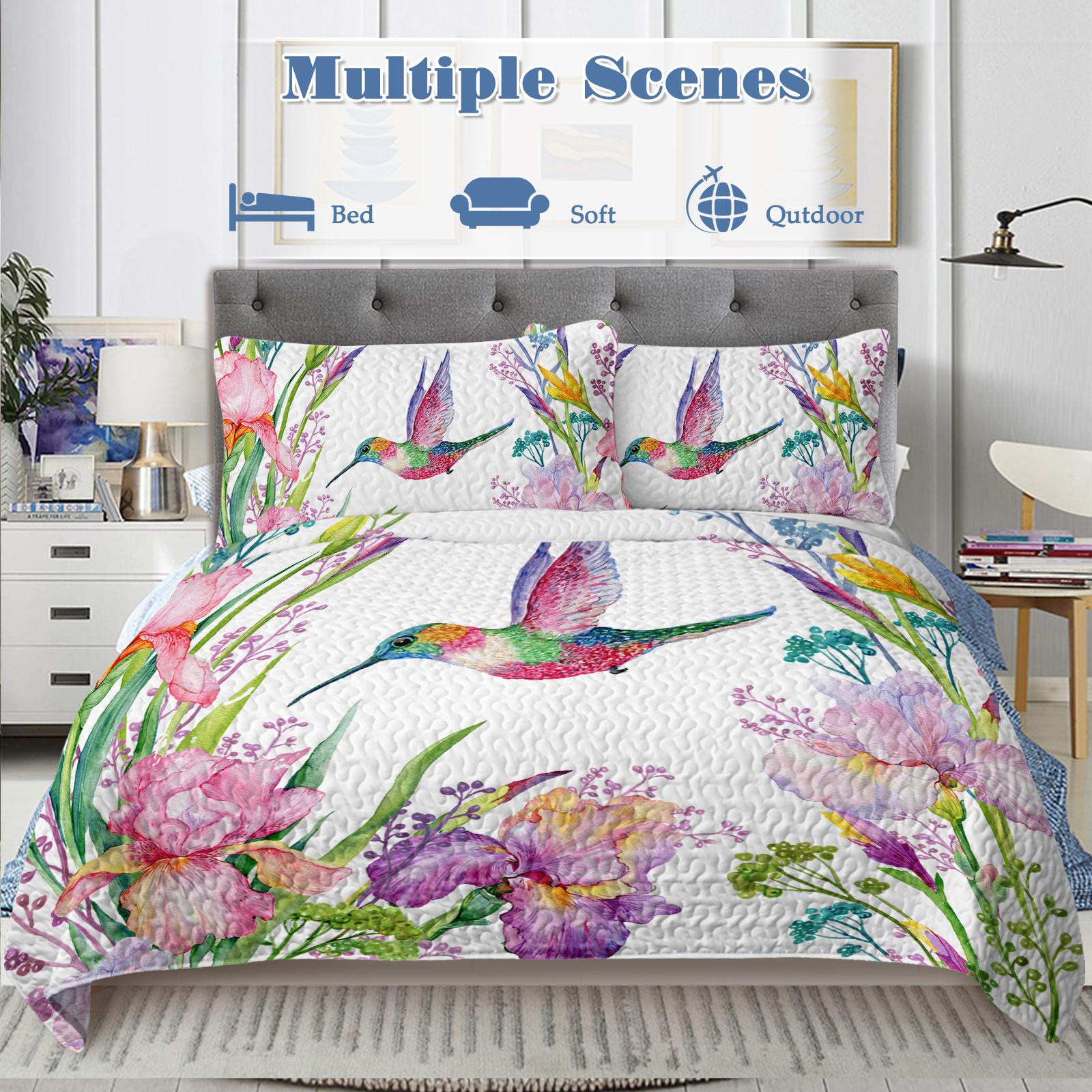 Watercolor Hummingbird Flowers Pattern Quilt Set -1 Quilt, 2 Shams - Image 3