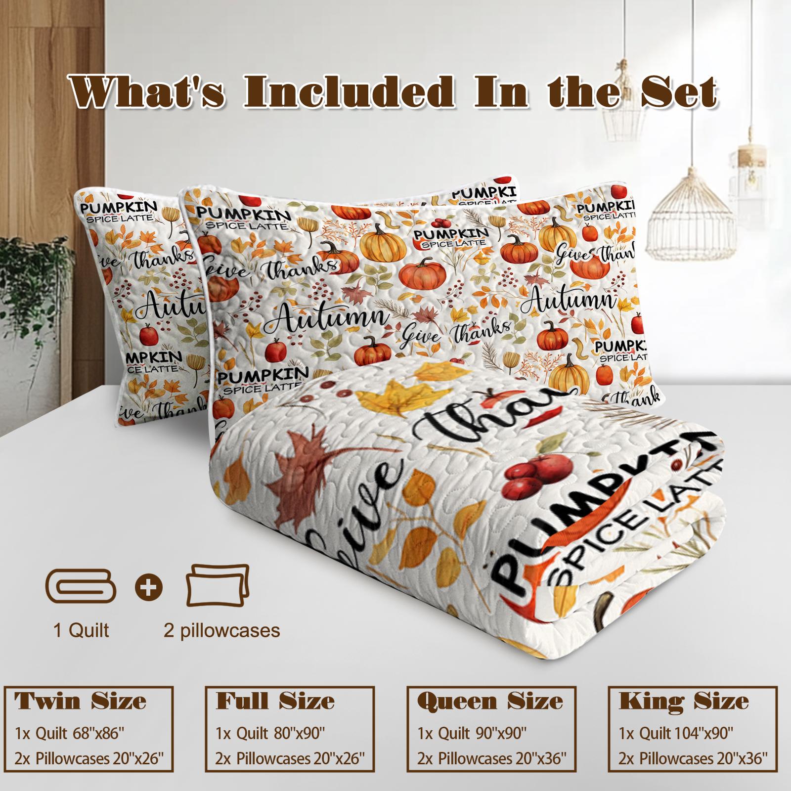 Pumpkin Autumn Leaves Print Quilt Set -1 Quilt, 2 Shams - Image 4