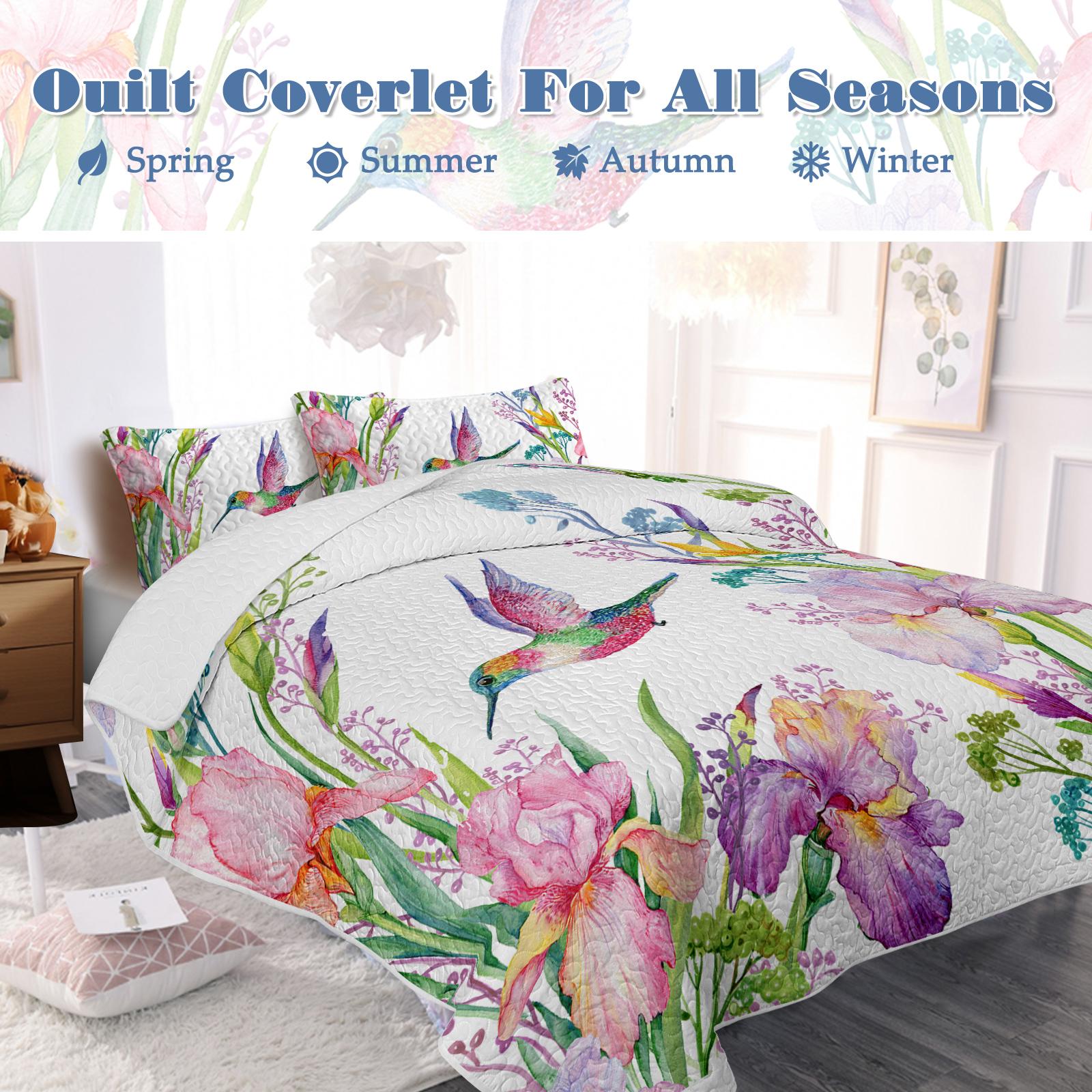 Watercolor Hummingbird Flowers Pattern Quilt Set -1 Quilt, 2 Shams - Image 5