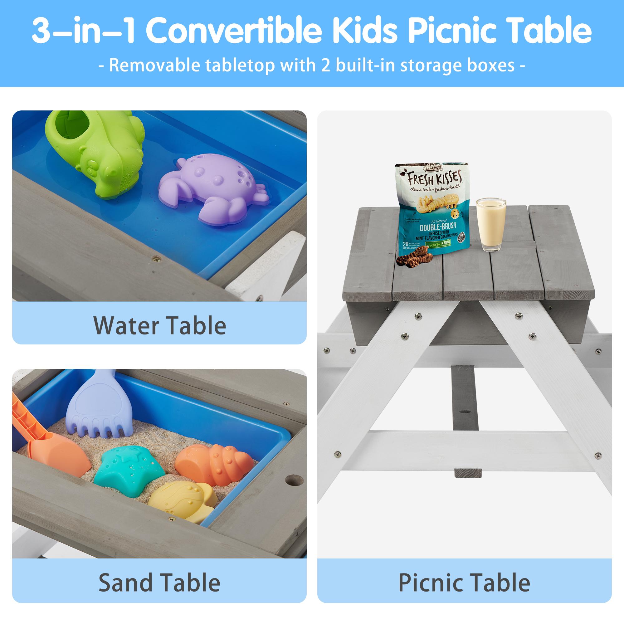3-in-1 Children's Outdoor Wooden Picnic Table With Umbrella, Convertible Sand And Water, And 7 Plastic Toys - Image 4
