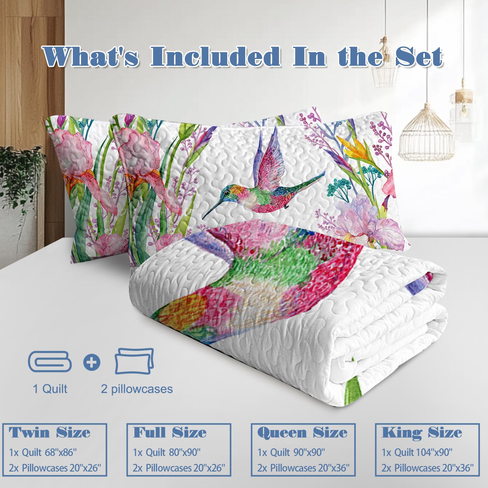 Watercolor Hummingbird Flowers Pattern Quilt Set -1 Quilt, 2 Shams - Image 6