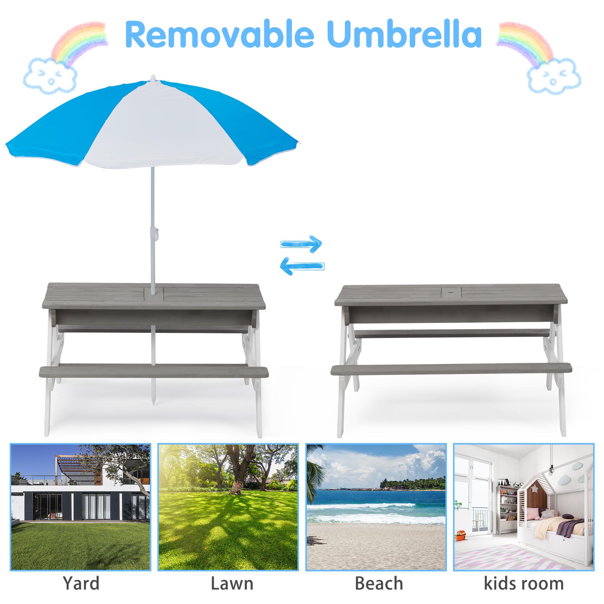 3-in-1 Children's Outdoor Wooden Picnic Table With Umbrella, Convertible Sand And Water, And 7 Plastic Toys - Image 2