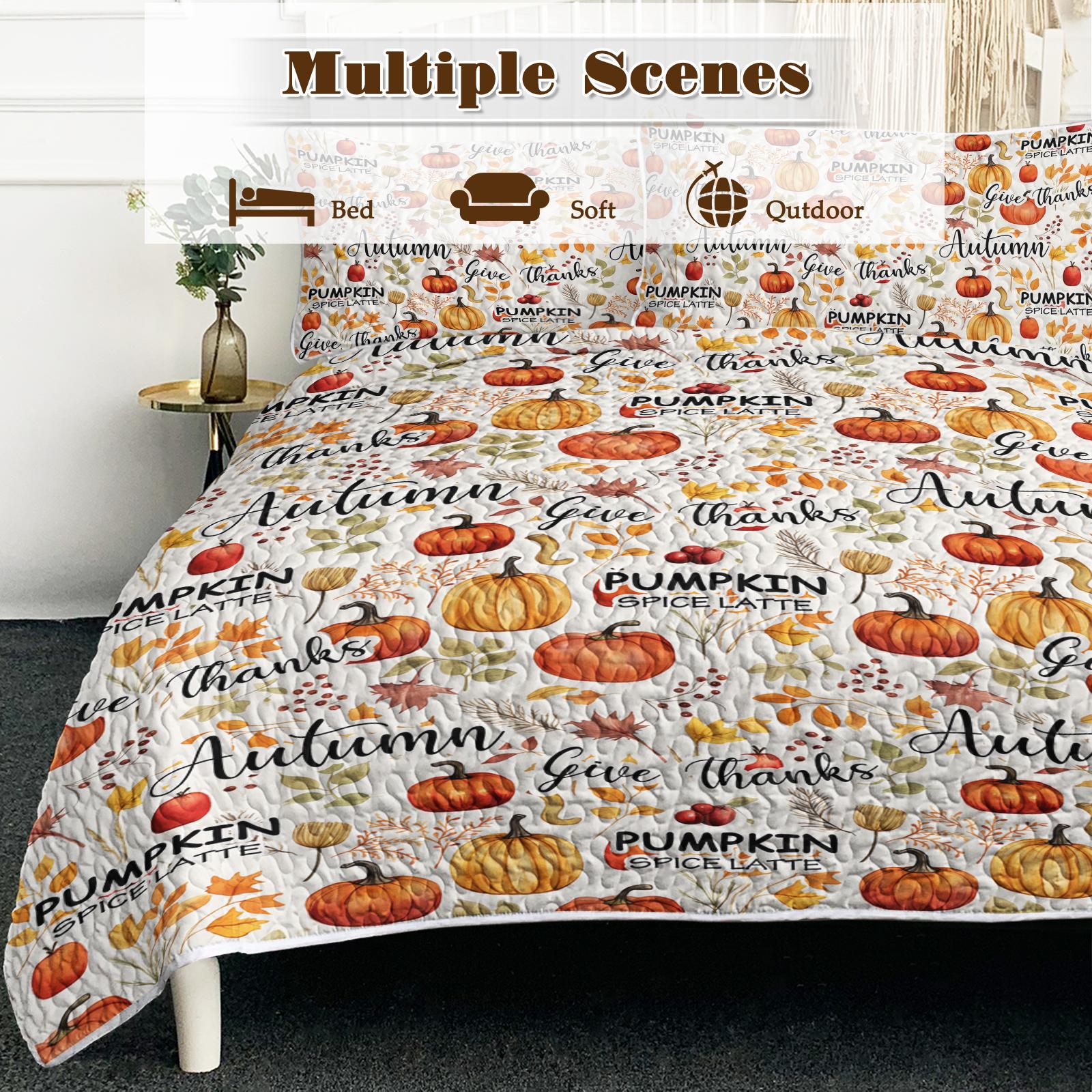 Pumpkin Autumn Leaves Print Quilt Set -1 Quilt, 2 Shams - Image 6
