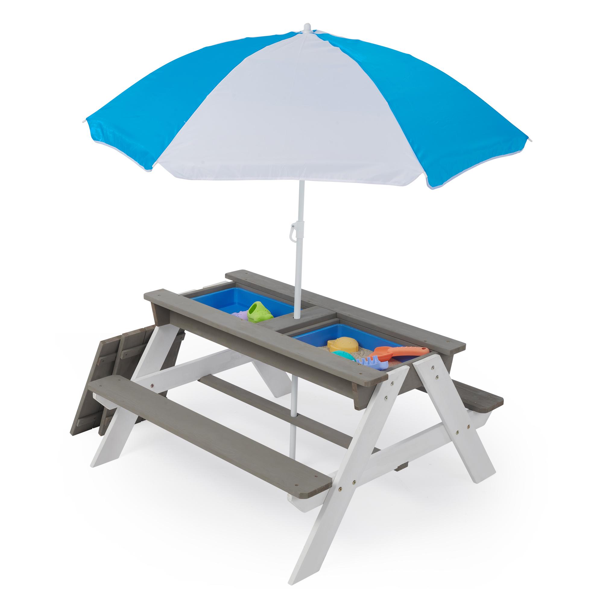 3-in-1 Children's Outdoor Wooden Picnic Table With Umbrella, Convertible Sand And Water, And 7 Plastic Toys