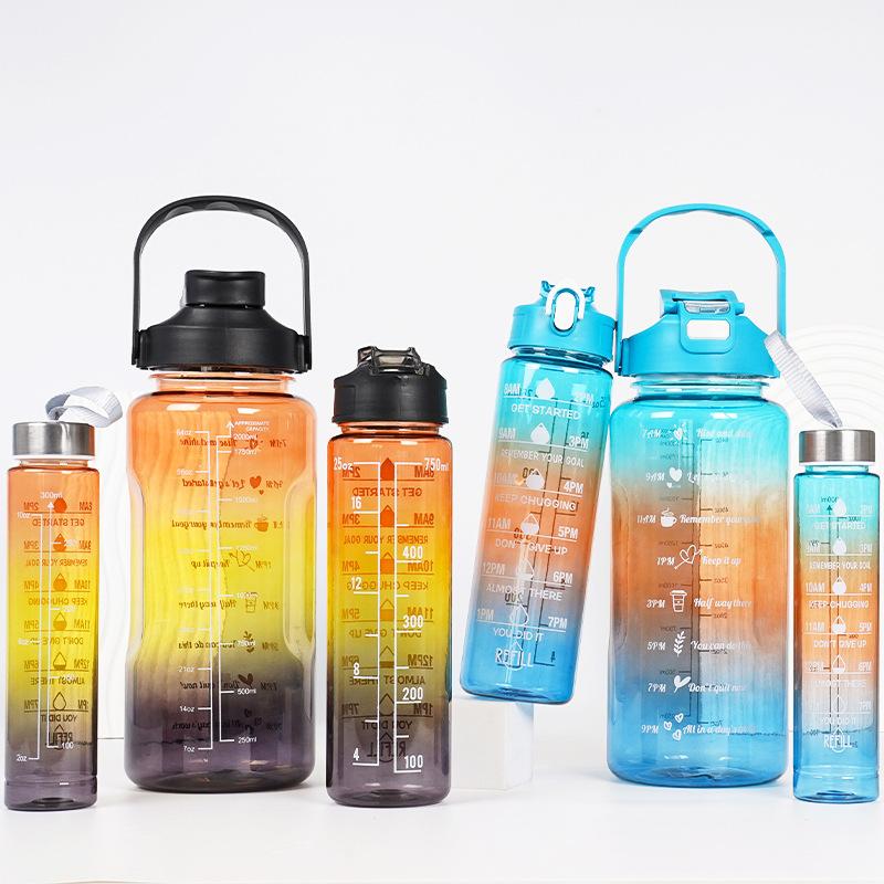3-in-1 Gradient Color Motivational Water Bottles Set Plastic Straw Double Drink Translucent Outdoor Sports Bottle - Image 5