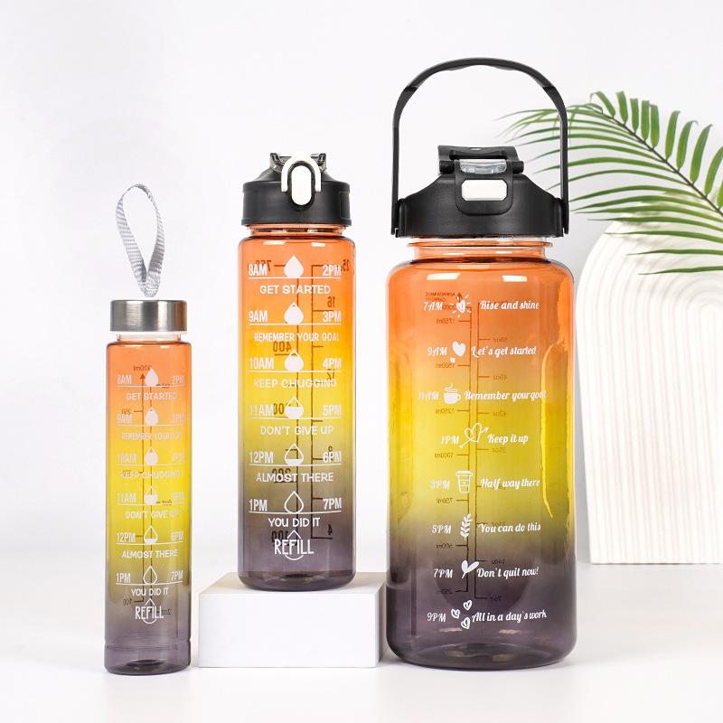 3-in-1 Gradient Color Motivational Water Bottles Set Plastic Straw Double Drink Translucent Outdoor Sports Bottle - Image 10