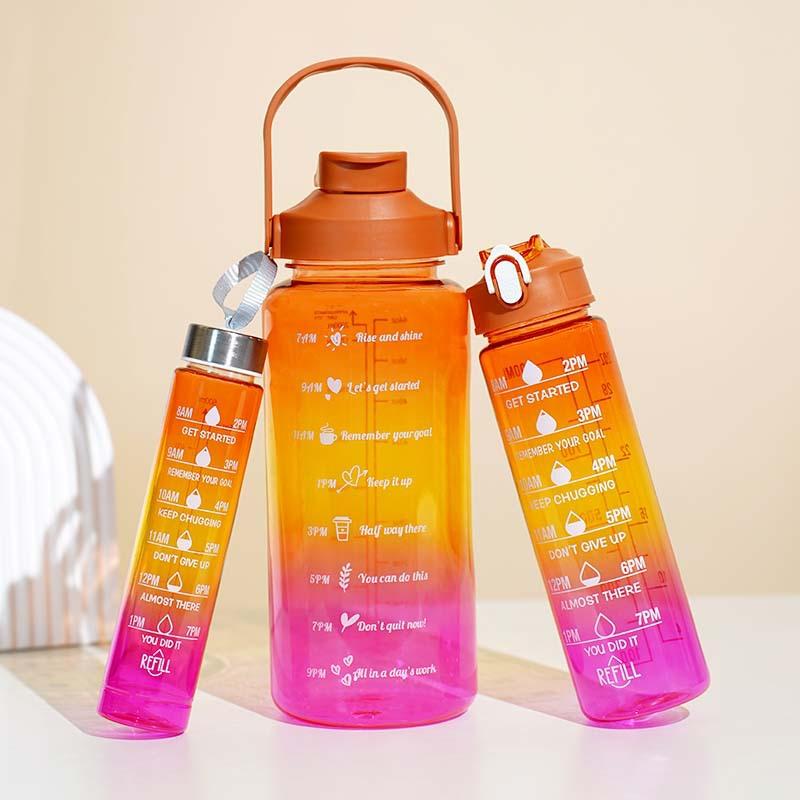 3-in-1 Gradient Color Motivational Water Bottles Set Plastic Straw Double Drink Translucent Outdoor Sports Bottle - Image 4