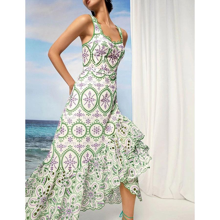 Seaside Vacation Style Irregular Embroidered Strap Dress - Image 3
