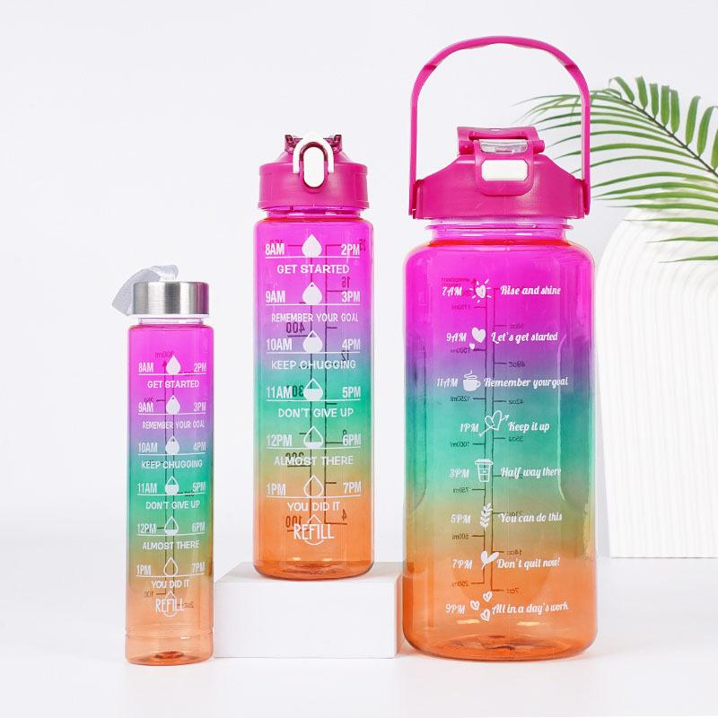 3-in-1 Gradient Color Motivational Water Bottles Set Plastic Straw Double Drink Translucent Outdoor Sports Bottle - Image 7