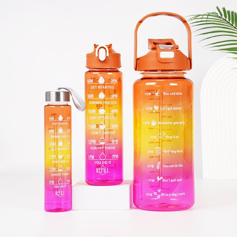 3-in-1 Gradient Color Motivational Water Bottles Set Plastic Straw Double Drink Translucent Outdoor Sports Bottle - Image 9