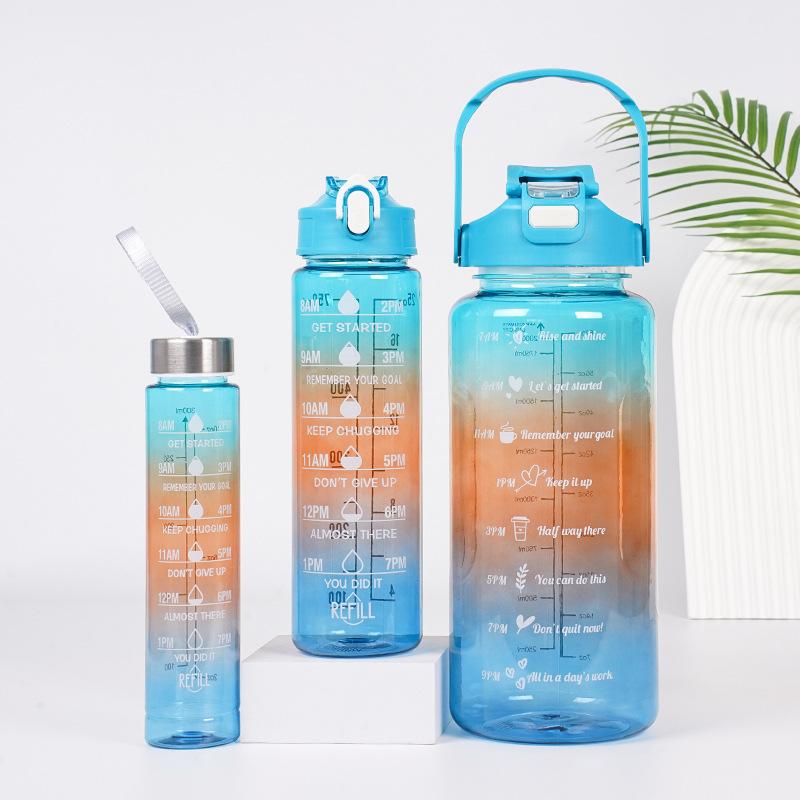 3-in-1 Gradient Color Motivational Water Bottles Set Plastic Straw Double Drink Translucent Outdoor Sports Bottle - Image 8