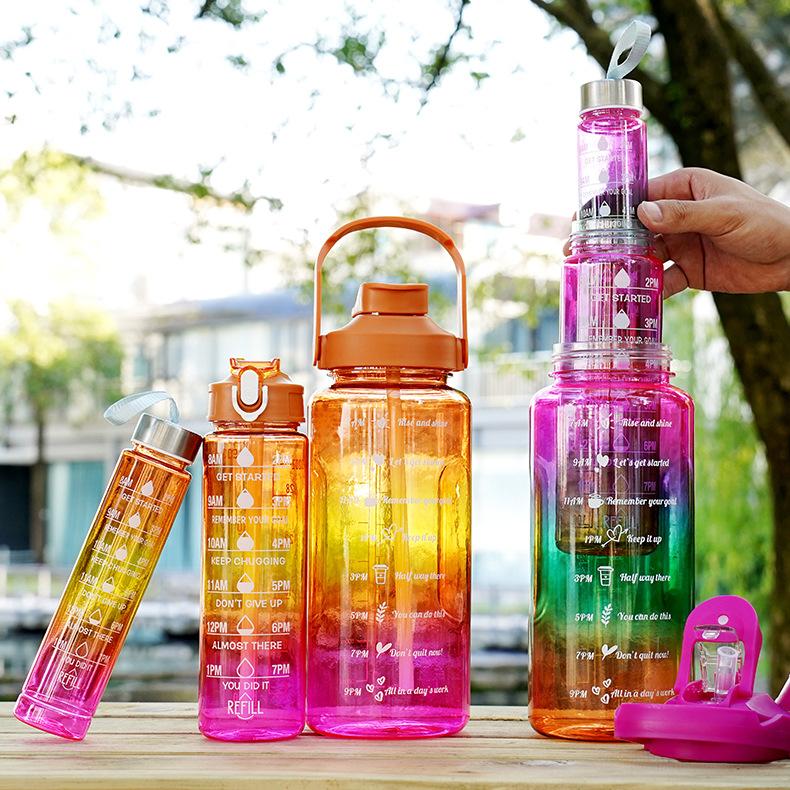 3-in-1 Gradient Color Motivational Water Bottles Set Plastic Straw Double Drink Translucent Outdoor Sports Bottle - Image 2