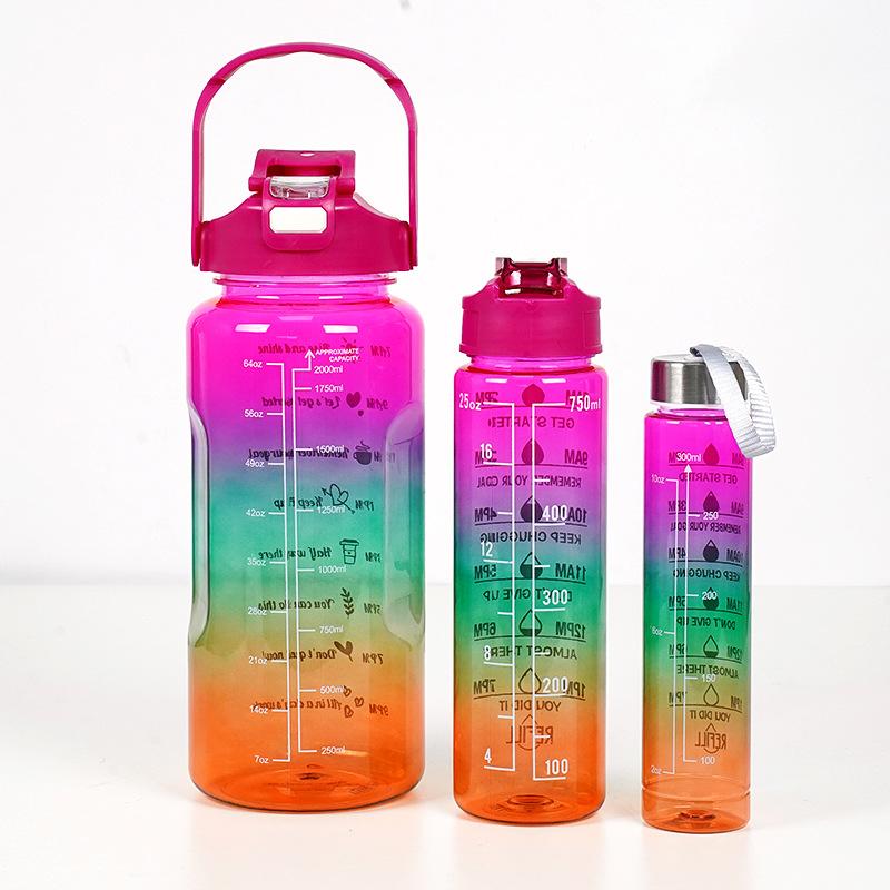 3-in-1 Gradient Color Motivational Water Bottles Set Plastic Straw Double Drink Translucent Outdoor Sports Bottle - Image 6