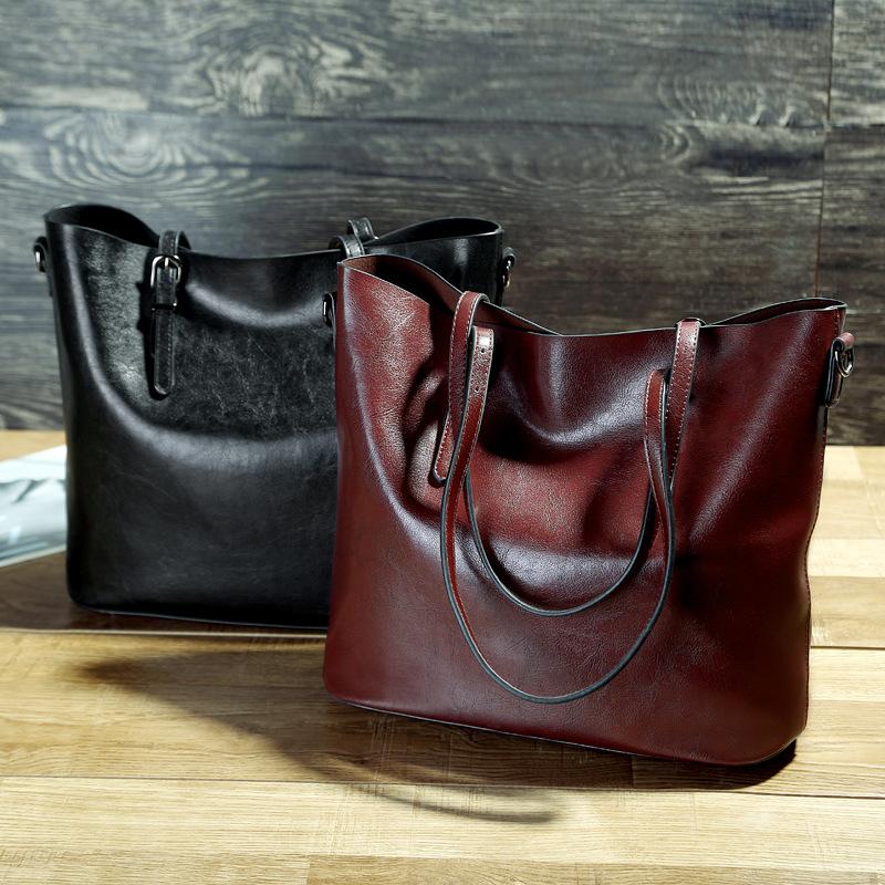Simple Oil Wax Leather Messenger Shoulder Bags Women's High Capacity Portable Tote Bag - Image 7